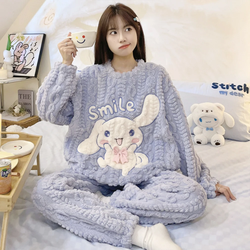 

Kawaii Sanrioed 2Pcs Cinnamoroll Melody Kuromi Cartoon Pajama Set Anime Women Plush Homewear Winter Thicken Girls Cute Keep Warm