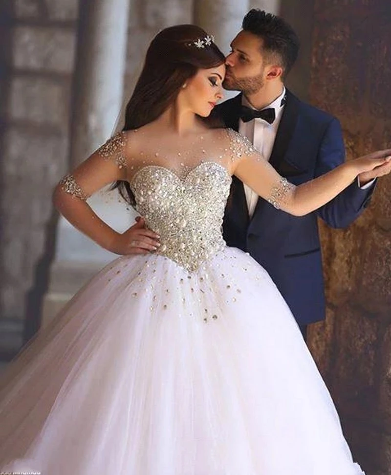 

Luxury Arabic Dubai Long Sleeves Wedding Dresses A Line Sheer Scoop Neck Beaded Bridal Gowns For Women Tulle Vestidos De Novia