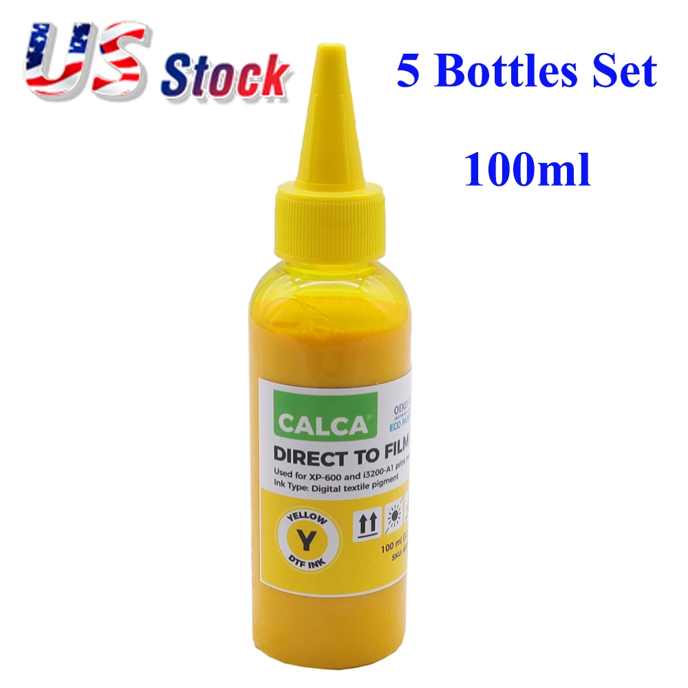 CALCA DTF Ink Yellow 5 x 100ml Water-based Direct to Film Heat Transfer Pigment Ink for XP-600 i3200-A1 L1800 Bulk Wholesale
CALCA DTF Ink Yellow 5 x 100ml Water-based Direct to Film Heat Transfer Pigment Ink for XP-600 i3200-A1 L1800 Bulk Wholesale