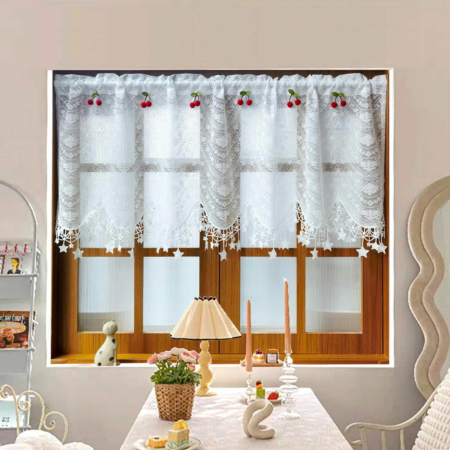 

Elegant Lace Pastoral Gauze Curtain Valance for Kitchen Short Drape Door Pentagram Cherry Cafe Dustproof Partition Curtain