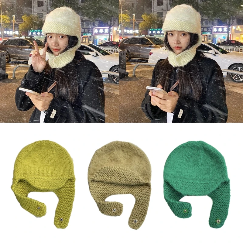

Knit Earflap Beanie Elastic Fashion Ear Protection Hat Girls Winter Women Warm Bucket Hat Crochet Trapper Earflap M6CD