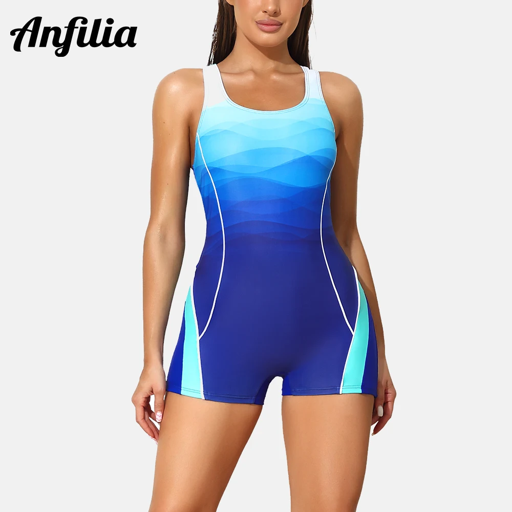

Anfilia Women Sports One Piece Swimsuits Athletic Professional Training Gradient Color Bathing Suit Boyleg Stretchy Swimwear