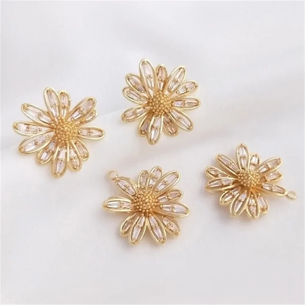 

Micro Inlaid Zircon 14K Gold Three-dimensional Daisy 925 Silver Needle Earrings Flower Shaped Pendant Handcrafted Necklace E250