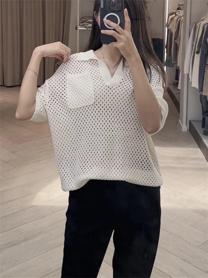 

2024 New Spring and Summer Women's Short-Sleeved Hollowed Out Sweater Linen Blend Female Lazy Loose V-Neck Pullover