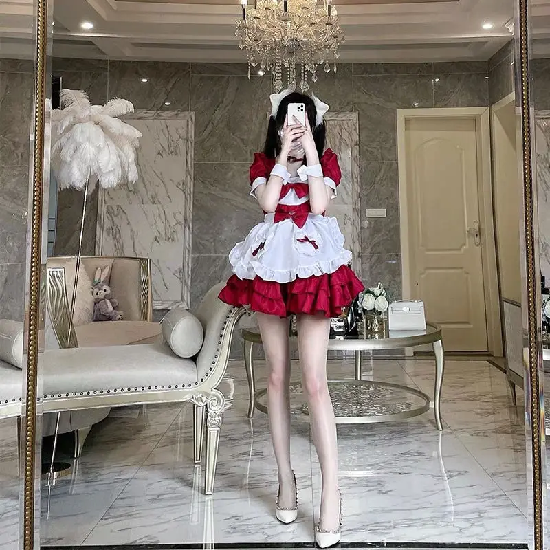 

Japanese Sweet Red Sexy Maid Costume Cosplay Two-dimensional Maid Uniform Suit Cos Lolita Dress JK Christmas Uniform