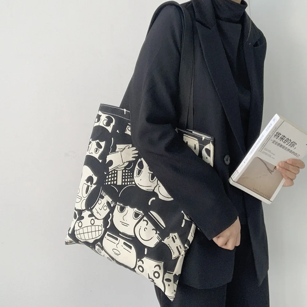 

Wacky Head Print Canvas Shopping Bag for Women Femsle Black Shoulder Tote Bag with Zipper Large Cloth Shopper Bag Eco Handbag