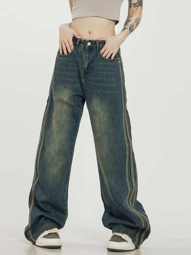 

American Vintage Washed Old Side Striped Baggy Jeans Y2k High Street Fashion Casual Micro Horn Mop Pants High Waist Pant Clothes