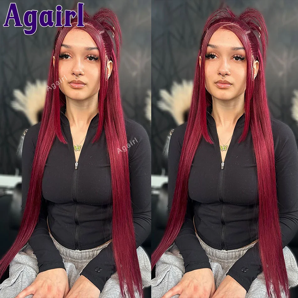 

Dark Red 99J 13x4 Glueless Human Hair Lace Front Wig Pre Plucked Burgundy 13X6 Transparent Lace Frontal Straight Wigs For Women