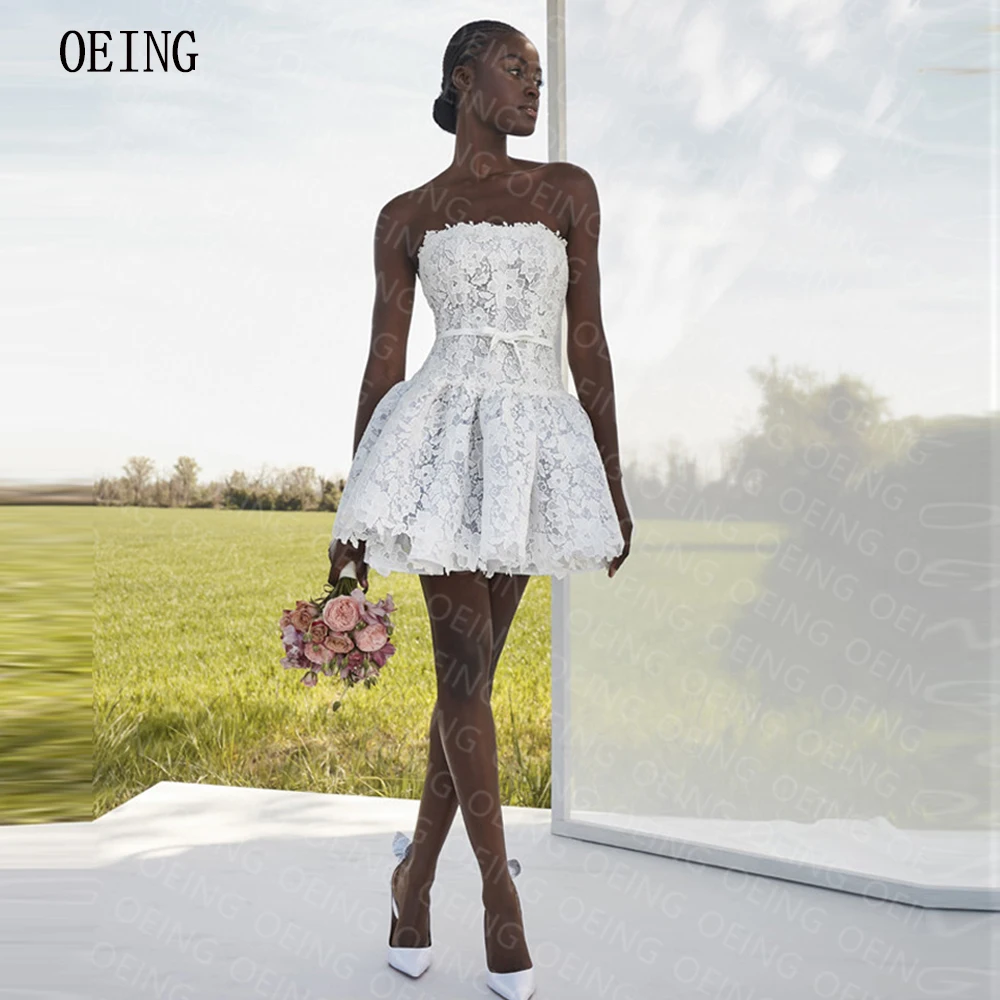 OEING A-line Strapless Appliques Lace Short Bridal Dresses Zipper Back Bow Dreamy Formal Occasion Party Gowns Above Knee 2023
OEING A-line Strapless Appliques Lace Short Bridal Dresses Zipper Back Bow Dreamy Formal Occasion Party Gowns Above Knee 2023