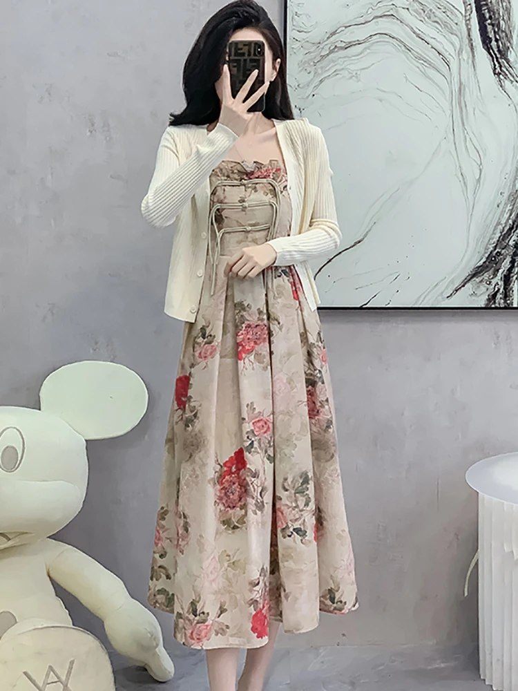

2024 Spring Summer Korean Vintage Elegant Dress Suits Women Fashion Floral Chic Ruffled Sling Dress+White Knitted Cardian Suits