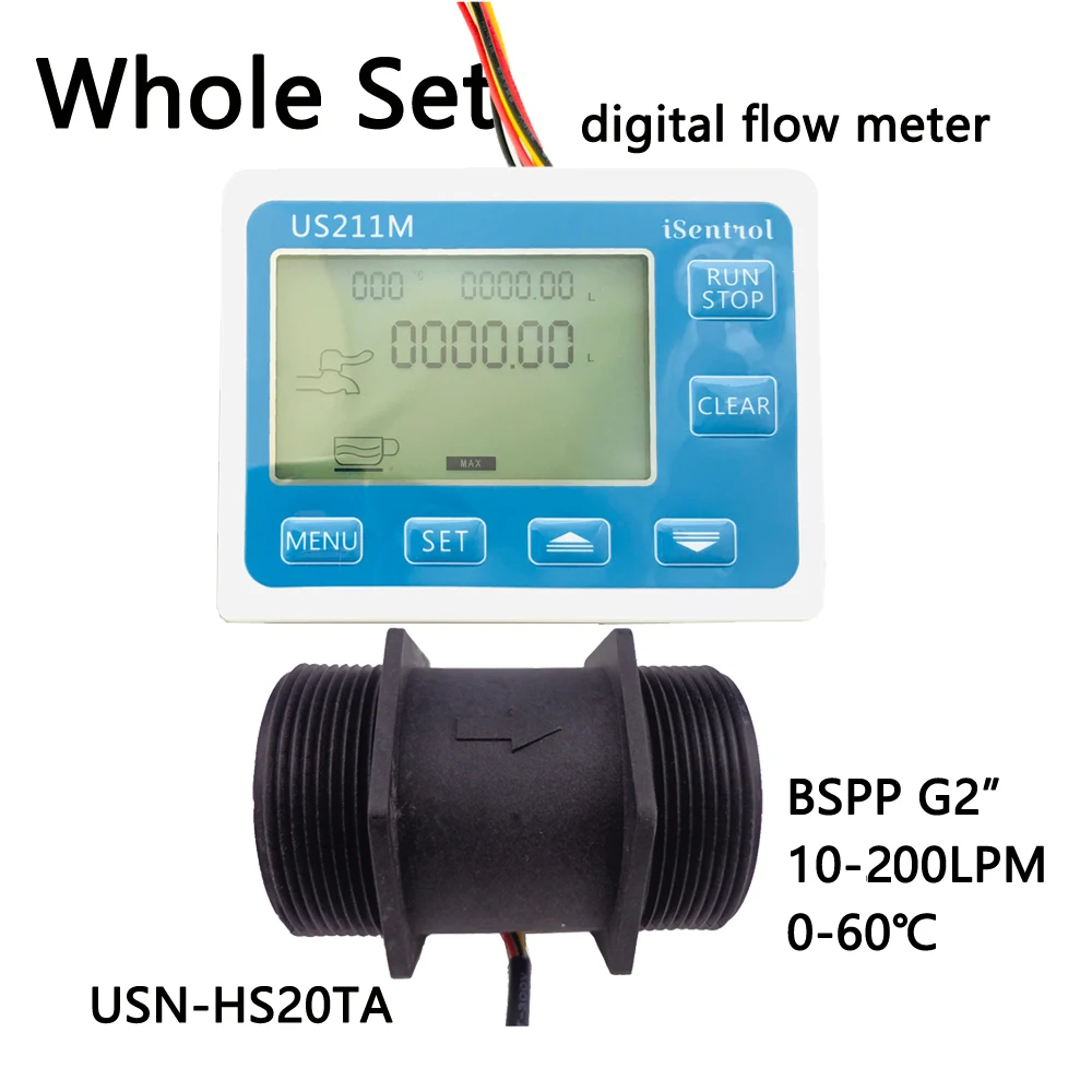 

US211M Digital Flow Meter & USN-HS20TA PA66 Nylon and Fibre Glass Hall Flow Sensor Measurement 10-200L/minBSPP G2" Dijiang Saier