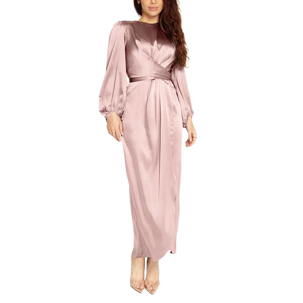 

Comfort and Style Women's Long Maxi Dress Satin Muslim Dress Kaftan with Puff Sleeves Perfect Party Gown for Any Season
