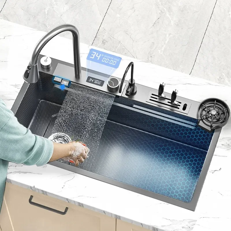 304 Waterfall Kitchen Sink Stainless Steel Embossed Washbasin Large Single Slot Left Drain Multifunction Sink for Kitchen
304 Waterfall Kitchen Sink Stainless Steel Embossed Washbasin Large Single Slot Left Drain Multifunction Sink for Kitchen