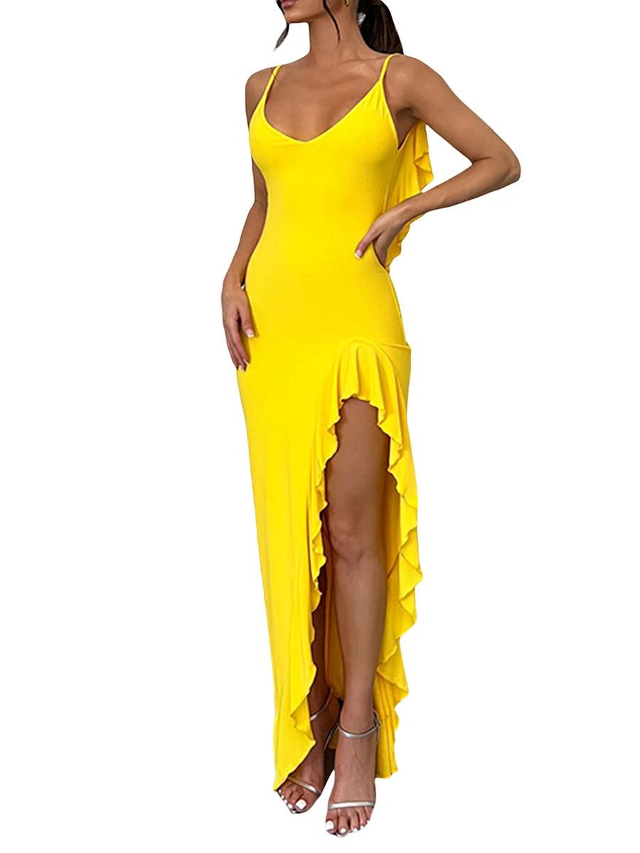 

Women Summer Sleeveless Ruffled Maxi Dress Fishtail Hem Solid Color V-Neck Bodycon Party Cocktail Long Dress