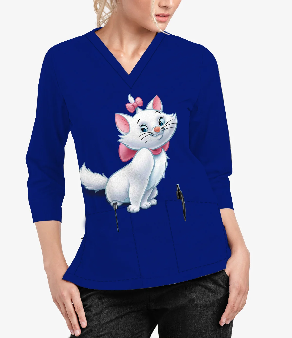 New Disney Marie Cat Print Women's V Neck Pocket Three Quarter Sleeve Scrub Top Dental Beauty Salon Nurse Care T-Shirt
New Disney Marie Cat Print Women's V Neck Pocket Three Quarter Sleeve Scrub Top Dental Beauty Salon Nurse Care T-Shirt
