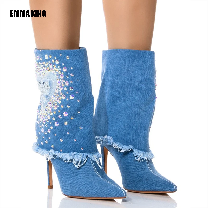 Women Spring Pointed-toe Stiletto Denim Bling Rhinestone Slip-On Boots Fashion Studed Diamond mid-calf Boots for Ladies 44
Women Spring Pointed-toe Stiletto Denim Bling Rhinestone Slip-On Boots Fashion Studed Diamond mid-calf Boots for Ladies 44