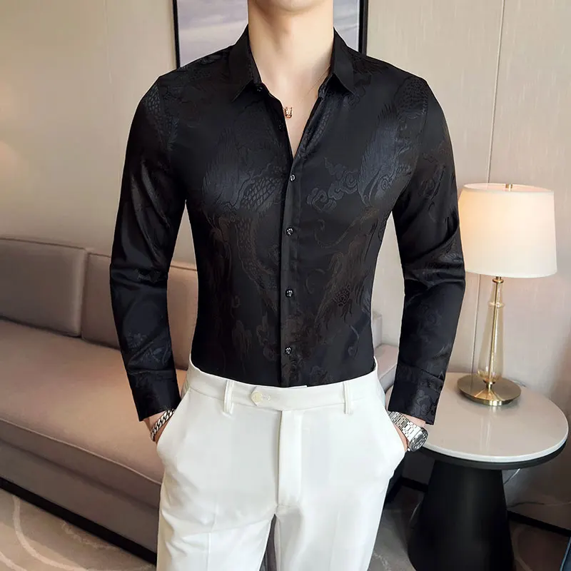 

Men Gentleman Business Korean Print Fashion All Match Gentleman Slim Solid Color Wedding Host Loose Casual Long-sleeved Shirt