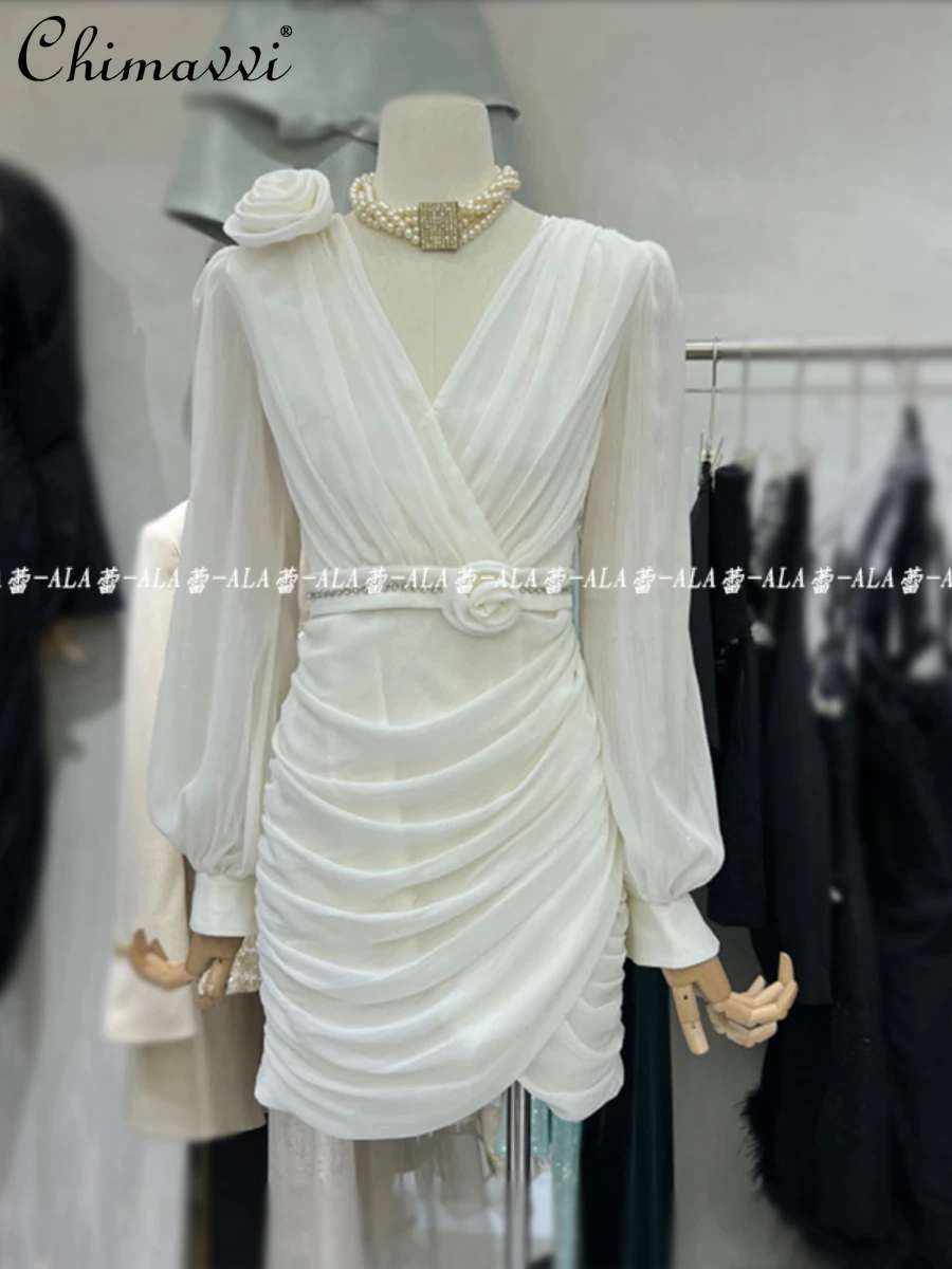 

Женское шифоновое плиссированное платье, роскошное короткое платье во французском стиле с V-образным вырезом, длинным рукавом и 3D цветами, весна 2024