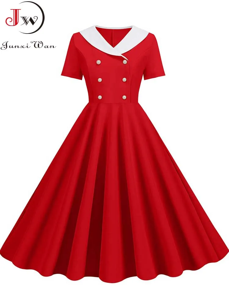 

Peter pan Collar Elegant Summer Dress Women Short Sleeve Vintage A-line Party Midi Sundress Casual