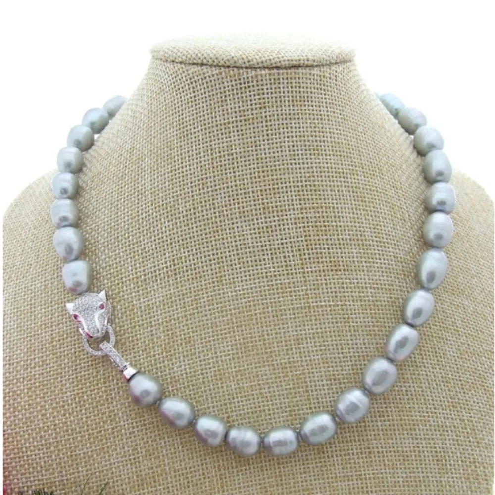 

Hand knotted necklace natural 11-12mm grey freshwater rice pearl sweater chain nearly oval pearl leopard head clasp 45cm