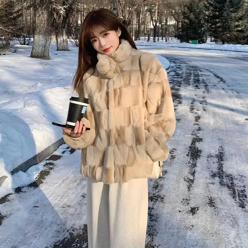 

2023 Autumn Winter New Standing Collar Imitation Lamb Fleece Fur Coat for Women with Cotton Thickening Loose Fit to Reduce Age