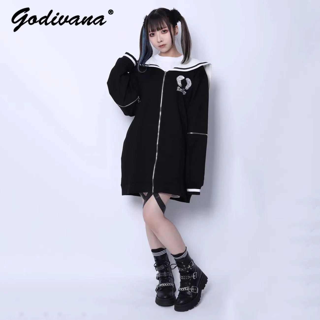 

Japanese Style Harajuku Sailor Collar Sweatshirt Coat Couples Loose Casual Oversize Coats Hoodie Jacket 2023 New Autumn Clothes