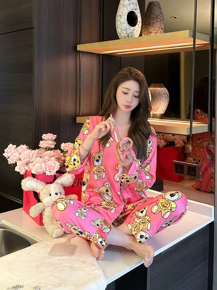 

2024 Spring Autumn Women's Cardigan Long Sleeved Ice Silk Pajamas Cartoon Sweet Cute Style Can Be Used As Outdoor Home Clothing