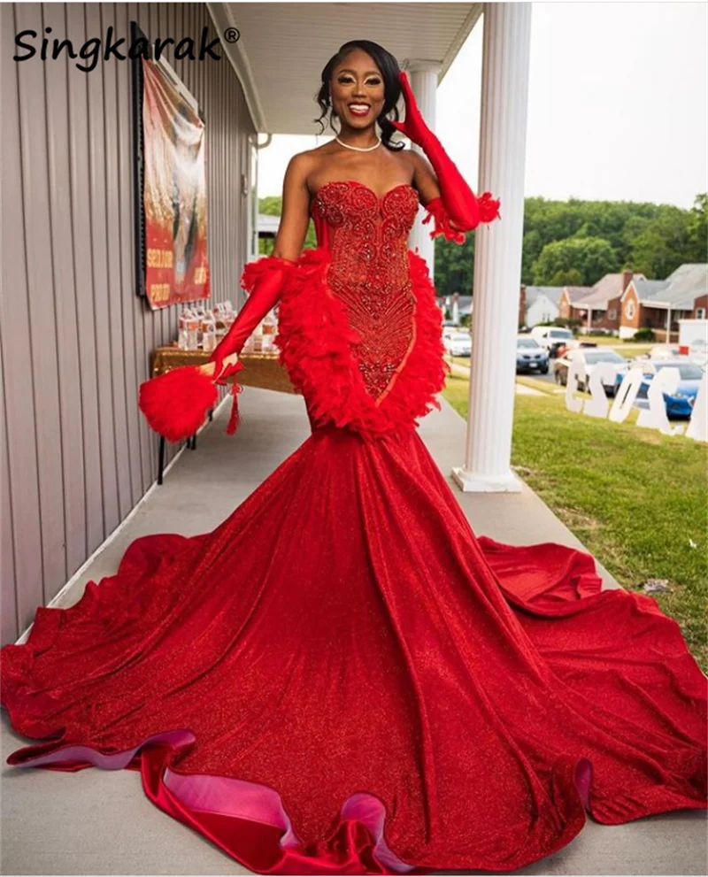 

Новый дизайн, блестящее вечернее платье с красными бриллиантами, блестящее платье со стразами, роскошное платье для выпускного вечера, платье с перьями
