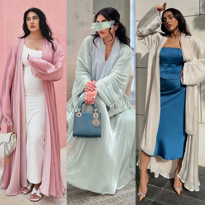

Shiny Satin Muslim Women Open Abaya Cardigan Maxi Dress Turkey Eid Party Arabic Robe Kimono Dubai Kaftan Islam Morocco Jalabiya