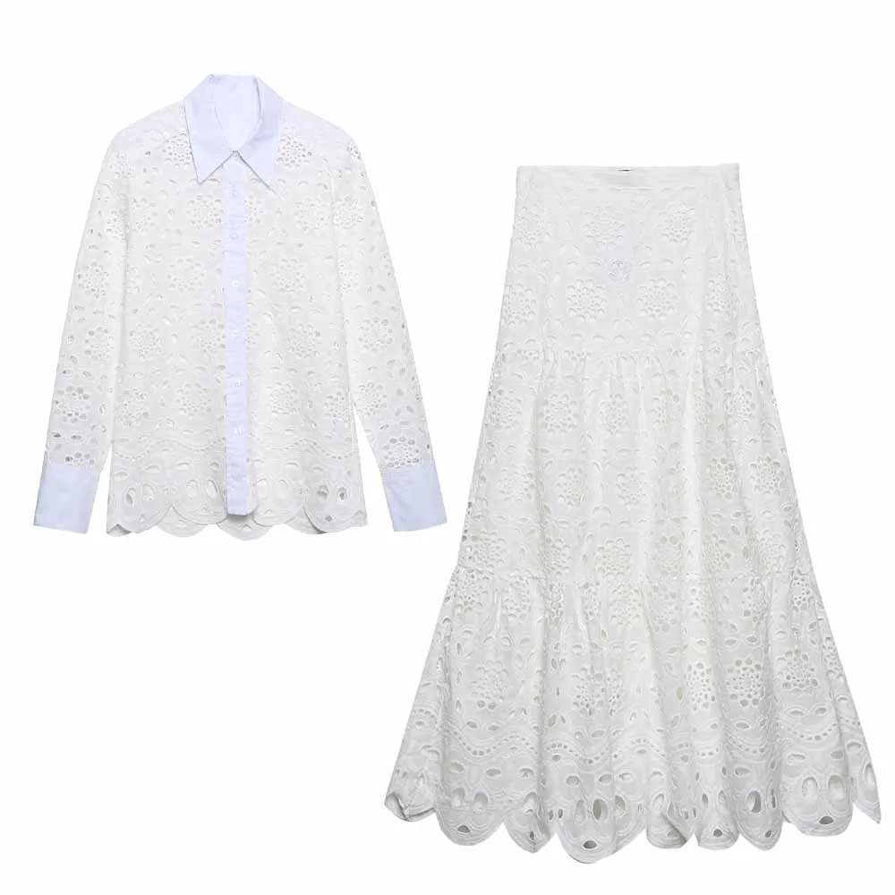 

Suit Women's Spring 2024 New Fashion Exquisite Joker Openwork Embroidered Shirt Top+embroidered Skirt Women's Suit