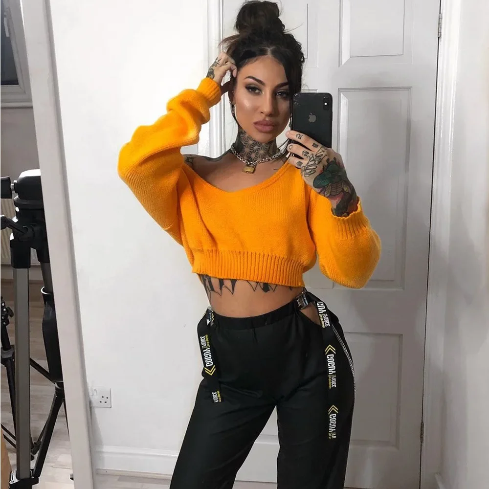 

Fall Winter Pullover Sweaters Long Sleeve Solid Sexy Club Crop Tops Europe America Fashion Slash Neck Knitted Sweaters Female