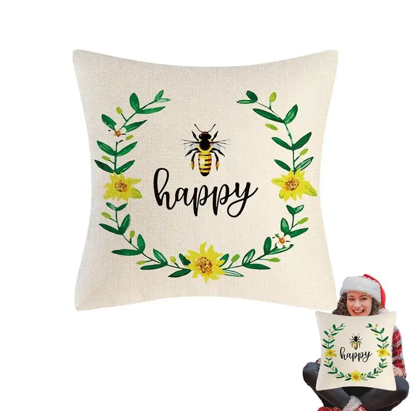 

Bee Day Cushion Cover Flax Cute Pillow Case Throw Home Decorative Sofa Happy Day Sweet Honey Animal Pillowcase