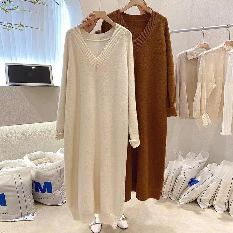 Casual Thicken Warm Loose Sweater Dress Women Autumn Winter Sexy V Neck Full Sleeve Solid Long Knitted Dress Female Robe
Casual Thicken Warm Loose Sweater Dress Women Autumn Winter Sexy V Neck Full Sleeve Solid Long Knitted Dress Female Robe