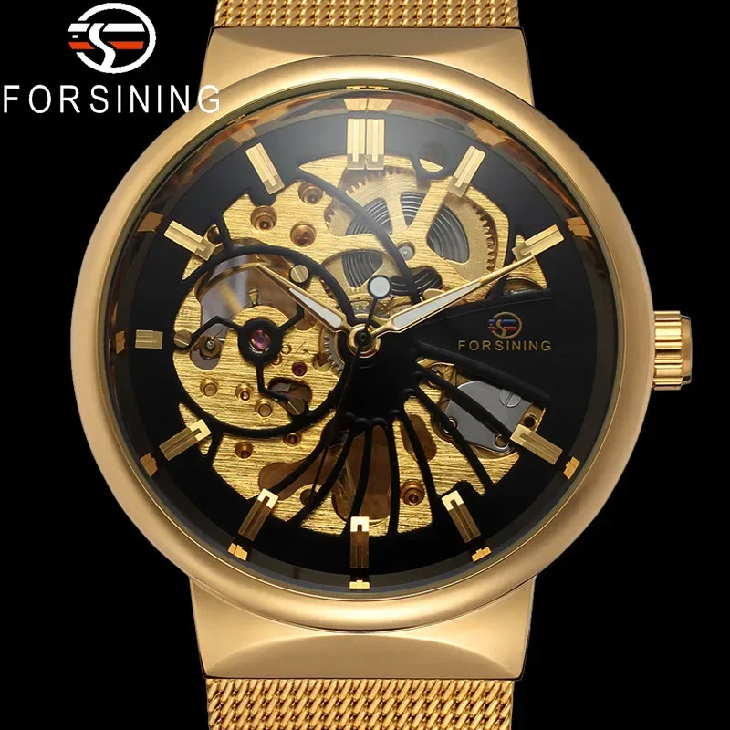 

FORSINING Men Wristwatch Military Sport Male Clock Top Brand Luxury Gold Mesh Steel Skeleton Man Hand Wind Mechanical Watch 8126