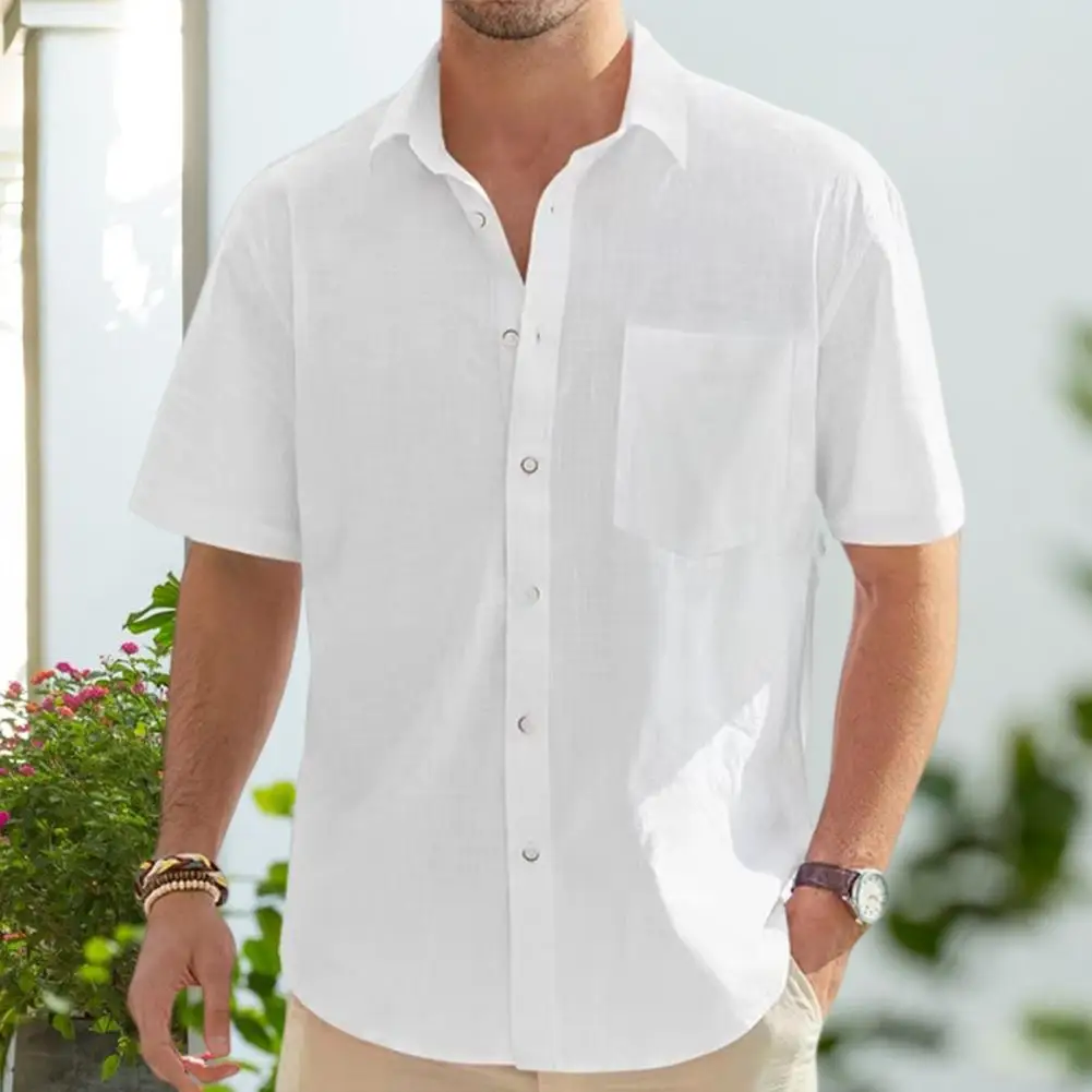 

Рубашка мужская с нагрудным карманом, Стильная сорочка с воротником с лацканами, дышащий повседневный деловой Топ для офиса или пляжа, однотонная, на лето