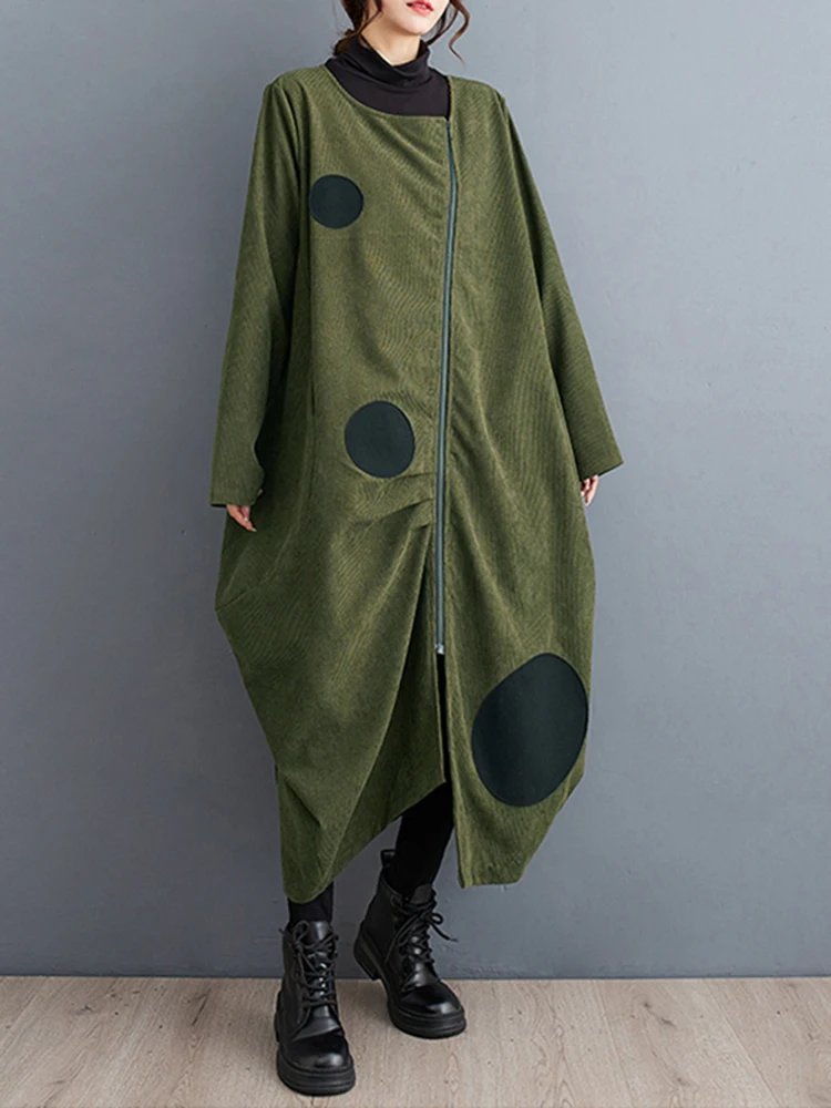 

Oversized Polka Dot Zipper Long Trench Coat For Women New Autumn Winter 2023 Patchwork Casual Loose Vintage Outerwear Cardigan