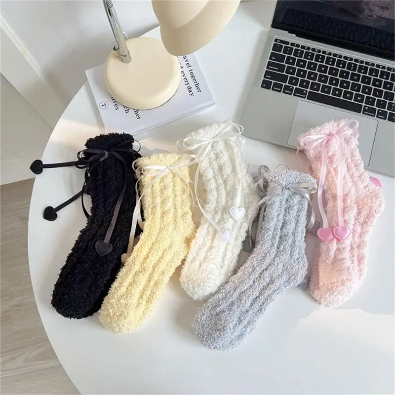 

Women Heart Bowknot Solid Color Fuzzy Plush Socks Winter Warm Thicken Coral Fleece Sleep Socks Thermal Slipper Sock