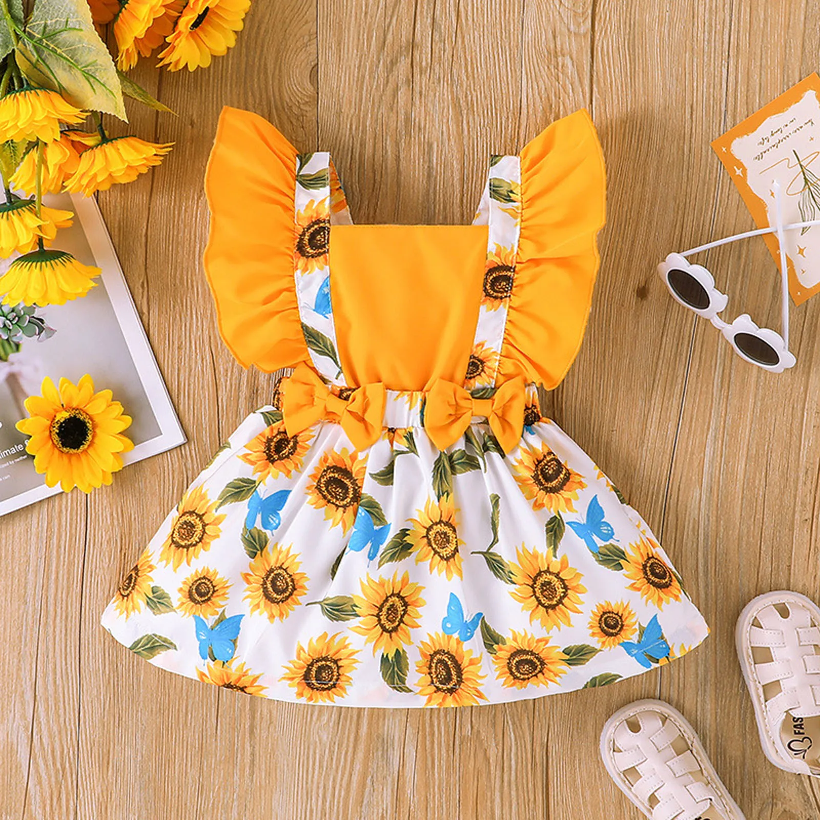 

Newborn Infant Baby Girls Dresses Summer Fashion Ruched Fly Sleeve Floral Dress Sunflower Prints Bowknot Dress Baptismal Skirts