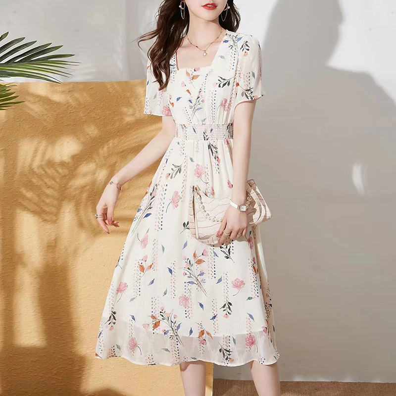 

Fashion Square Collar Printed Shirring Flare Sleeve Floral Dress Women Clothing 2024 Summer New Loose Elegant Short Sleeve Dress