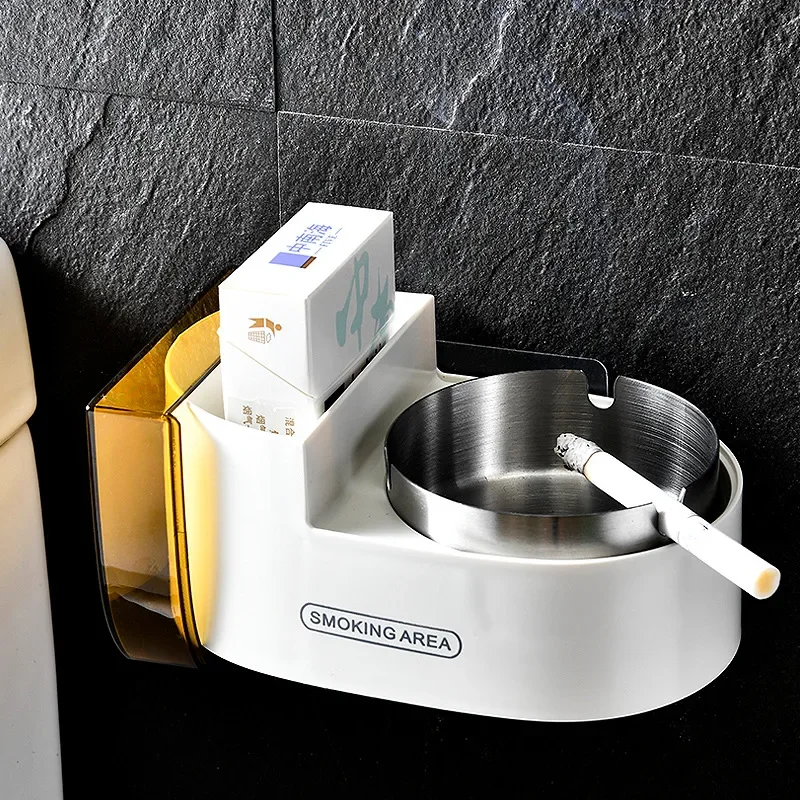 

Punching Free Bathroom Ashtray with Cover Multi-function Wall Mounted Smoking Case Cigarette Storage Rack Ashtray for Toilet