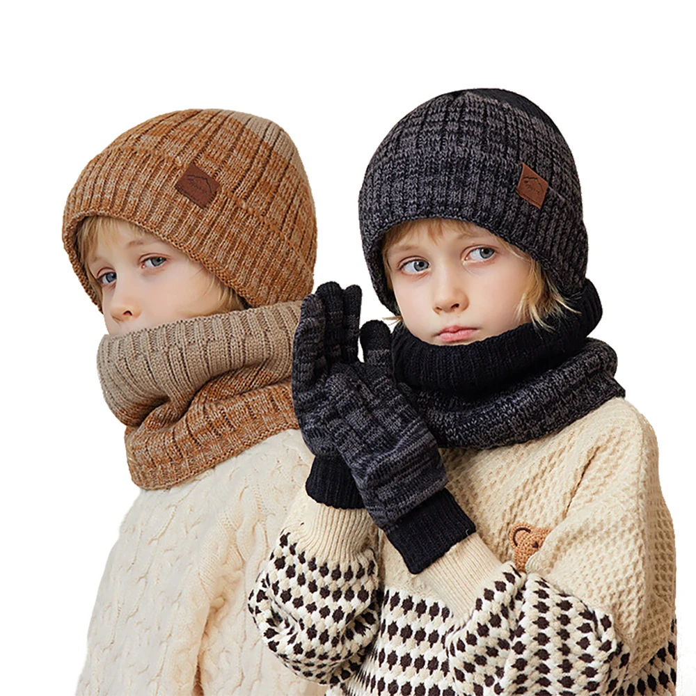 

Kids Winter Keep Warm Beanie Scarf Gloves Set 2 Pieces/ 3 pcs Boys Girls Fleece Lining Woolen Yarn Cap Children Stripe Knit Hat