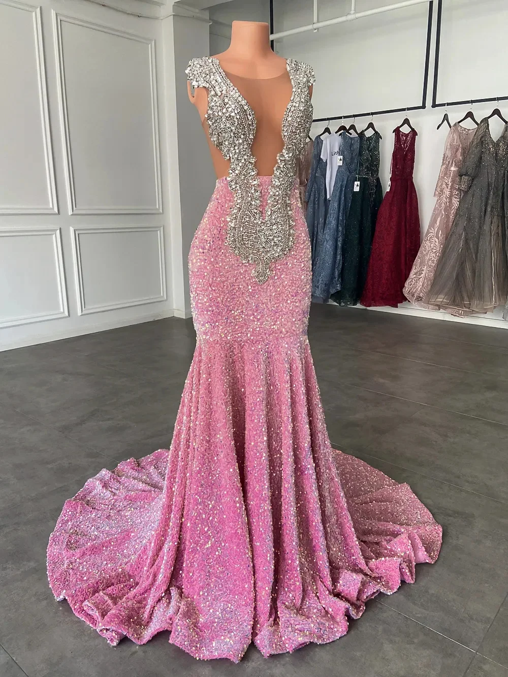 

Luxury Long Prom Dresses Sexy Mermaid Sparkly Pink Sequin Black Girls Crystals Evening Formal Gala Party Gowns Robe De Soiree Ve