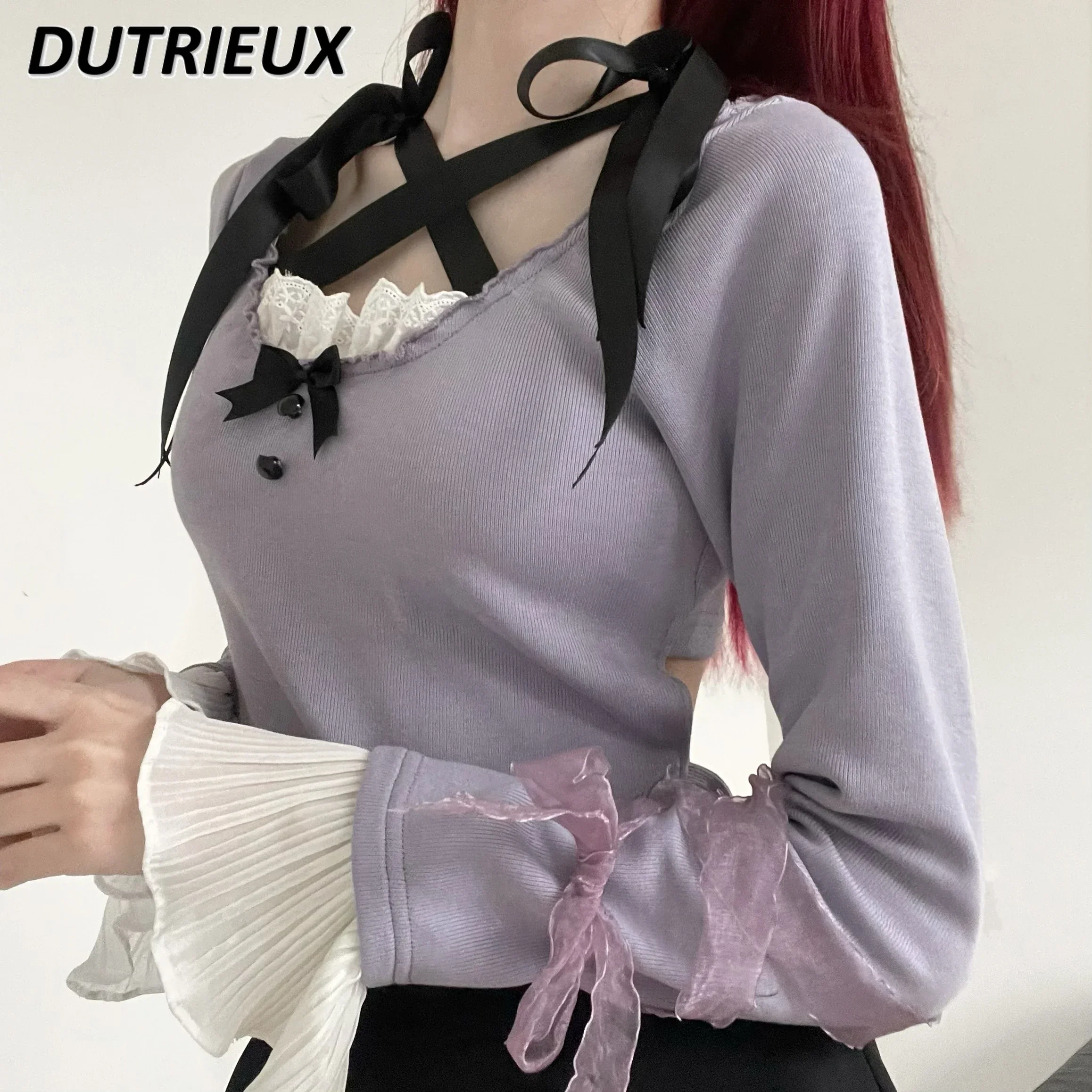 Lolita Girls High-End Gray Purple T-shirt Women's Top 2023 Spring and Autumn Lace-up Design Long Sleeve Slim Fit Tshirt Female
Lolita Girls High-End Gray Purple T-shirt Women's Top 2023 Spring and Autumn Lace-up Design Long Sleeve Slim Fit Tshirt Female
