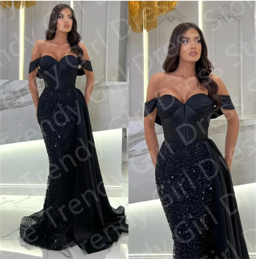 

Элегантные черные вечерние платья с блестками, платье с открытыми плечами для выпускного вечера, официальное длинное платье с красной ковровой дорожкой