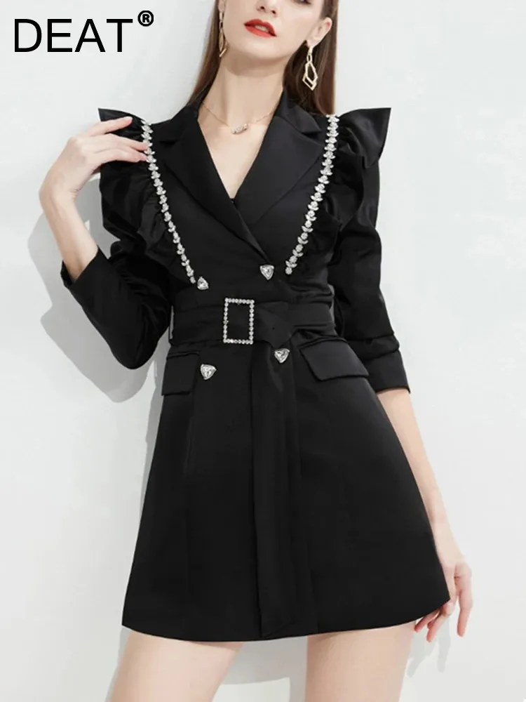 

DEAT Elegant Dress Ruffled Edge Spliced Diamonds Solid Color Turn-down Collar Belt Women's Dresses 2024 Spring New Tide 15C185