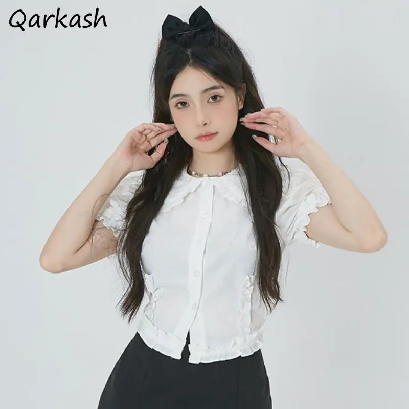 

Shirts Women Crop Tops Y2k Preppy Style Fashion Summer All-match Camisas Sweet Peter Pan Collar Ulzzang Tender Students Casual