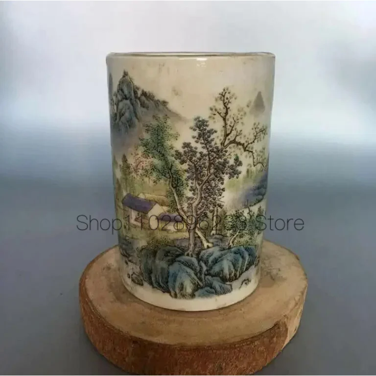 

Chinese Old Marked Famille Rose Colored Landscape Pattern Porcelain Brush Pot Collection Ornaments Home Decor Vase Study Antique