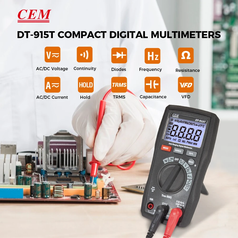 CEM DT-915T 6000 Counts LCD Display Digital Multimeter With Rubber Holster Housing
CEM DT-915T 6000 Counts LCD Display Digital Multimeter With Rubber Holster Housing