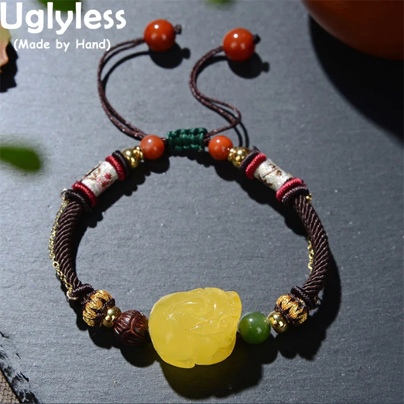 

Uglyless Infinity Ethnic Rope Bracelets for Women Natural Amber Beeswax Brave Troops Animals Bracelets 925 Silver Eastern Jewel