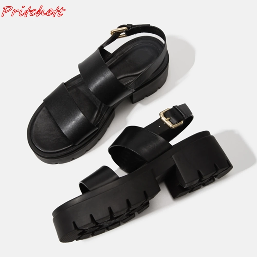 

Black Metal Buckle Sandals Women Open Toe One Word Belt Thick Sole Height Increasing Sandals 2024 Summer Casual Classic Sandals